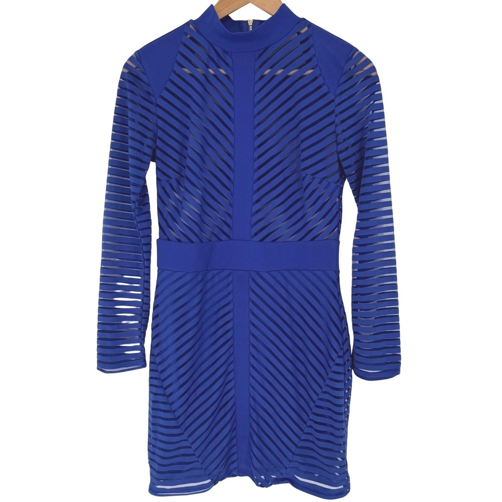 Iris Royal Blue Sheer Laser Stripe Mock Neck Long Sleeve‎ Bodycon Mini Dress